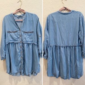 Zara Blue Denim Shirt Dress with Beaded Pockets